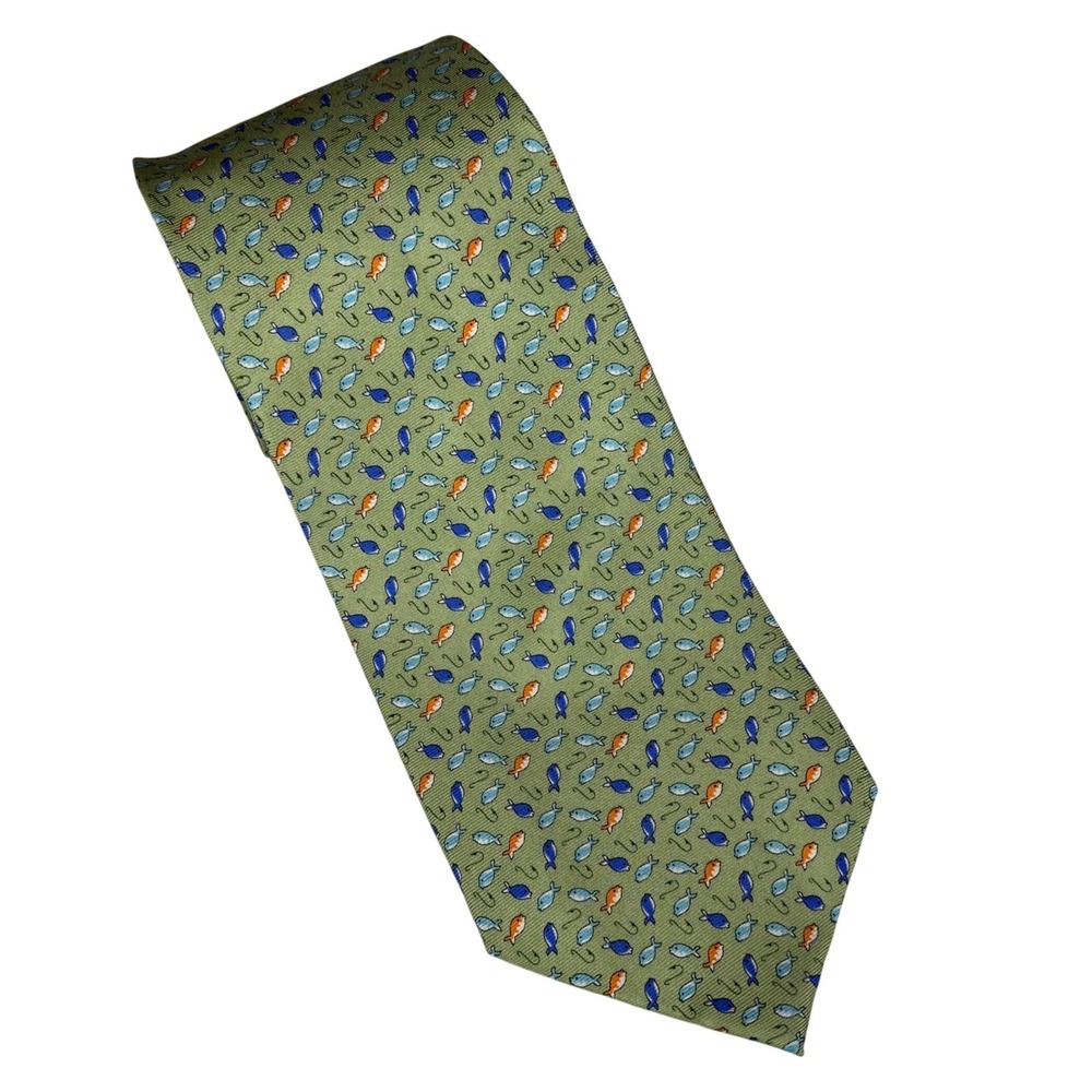 Jos A. Bank Mens Neck Tie Green Fish Hook Lure Green Silk 58" x 3.5"